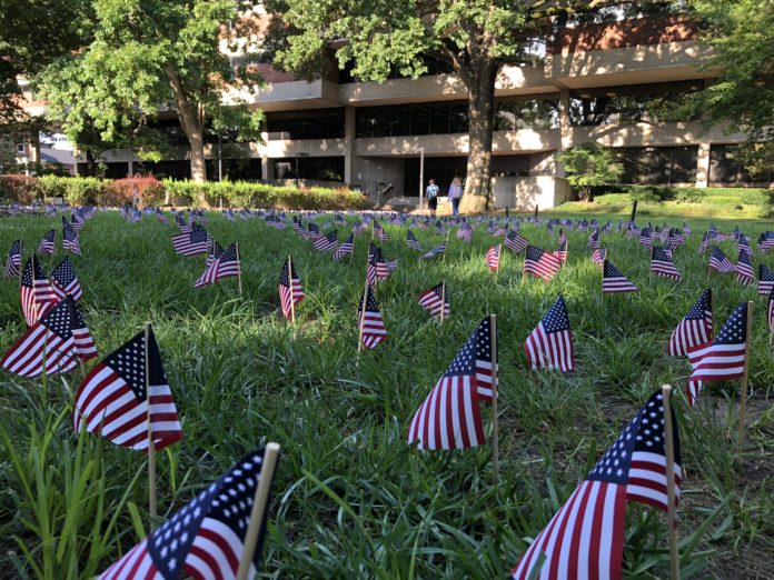 The Sept. 11 memorial on the Quad includes nearly 3,000 American flags.