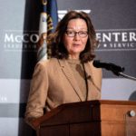 CIA DIrector Gina Haspel addresses an audience on UofL's Belknap Campus.
