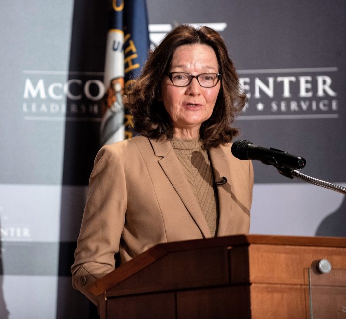 CIA DIrector Gina Haspel addresses an audience on UofL's Belknap Campus.