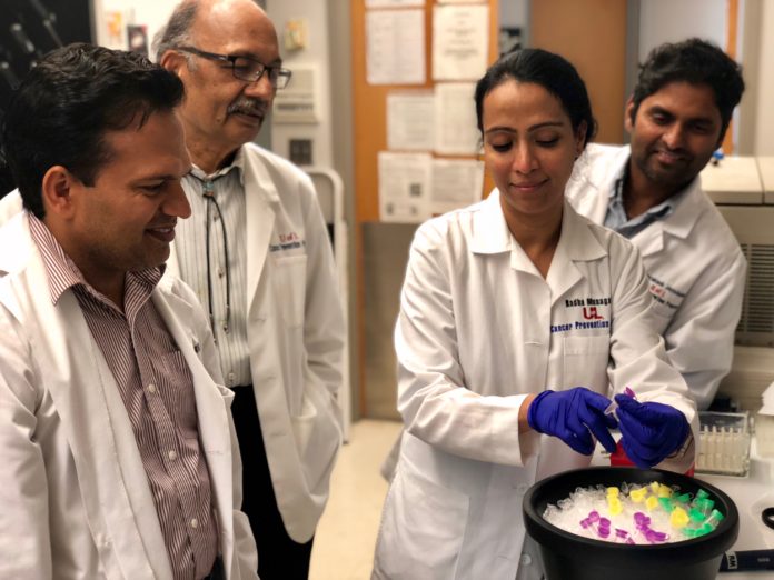 IMG_1322 A milk exosome-drug delivery tool, invented by UofL’s Dr. Ramesh Gupta and his team members, Drs. Radha Munagala, Dr. Farrukh Aqil and Jeyaprakash Jeyabalan, could improve how humans absorb drugs meant to treat disease and relive pain.