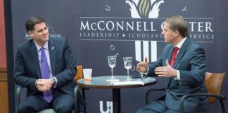 Israeli ambassador Ron Dermer (left) is interviewed by Scott Jennings during a McConnell Center event.