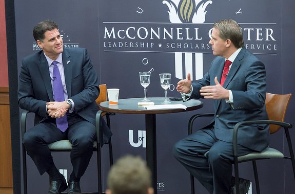 Israeli ambassador Ron Dermer (left) is interviewed by Scott Jennings during a McConnell Center event.