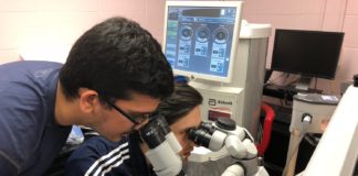 Ophthalmology residents Sidharth Puri, M.D., standing, and Mohammad Ali Sadiq M.D., training in cataract eye surgery using artificial eyes in a ‘wet lab’ at the University of Louisville