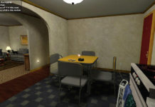 An electrical and fire hazards module in the Home Healthcare Virtual Simulation Training System. Hazards depicted include an unattended lit stove and cigarette burning in an ashtray.