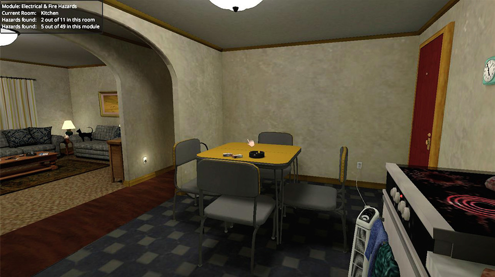 An electrical and fire hazards module in the Home Healthcare Virtual Simulation Training System. Hazards depicted include an unattended lit stove and cigarette burning in an ashtray.