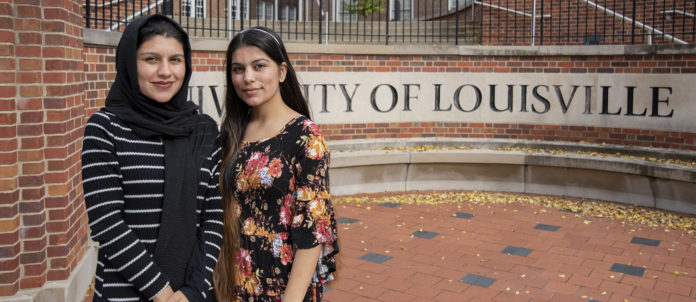 Mehwish and Maria Zaminkhan pose for a picture on UofL's campus.