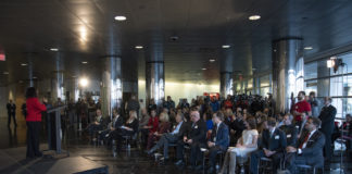 UofL President Dr. Neeli Bendapudi speaks at announcement of Louisville Entrepreneurship Acceleration Partnership (LEAP), a Kentucky RISE-backed partnership between UofL and others.