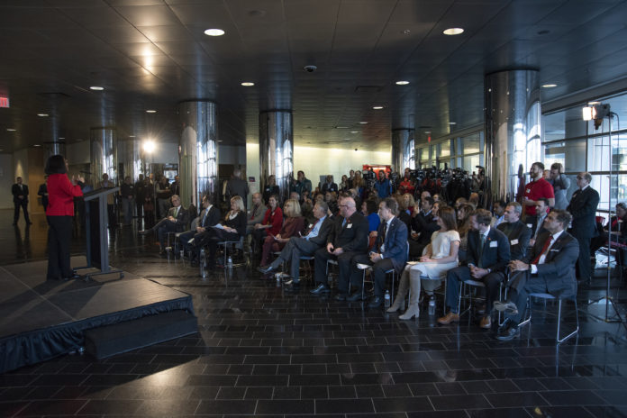 UofL President Dr. Neeli Bendapudi speaks at announcement of Louisville Entrepreneurship Acceleration Partnership (LEAP), a Kentucky RISE-backed partnership between UofL and others.