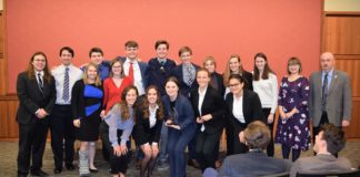 Students from Fort Thomas Highlands High School took part in the We The People competition. One of the teams from the school took first place.At far right is Glenn Manns, who coordinates the Kentucky program.