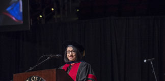 President Bendapudi speaks at the December 2018 commencement ceremony.