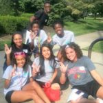 MLK Scholars at a community service event at Iroquois Park. Back row standing: Nuri Thompson. Middle row: Erica Gaither, Noela Botaka, Manuela Botaka. Front row: Taylor Hinna Williams, Elizabeth Peña, Elijah Ervin.