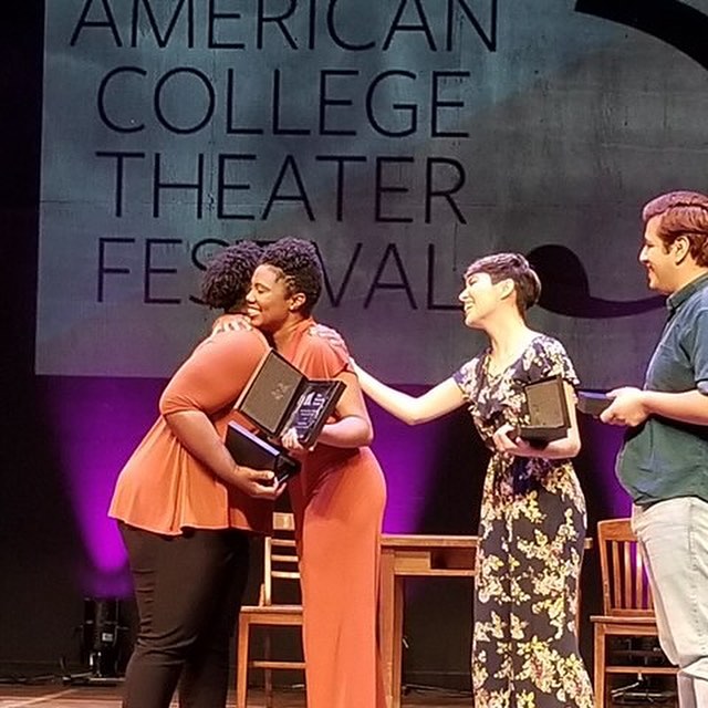 Theatre Arts students LaShondra Hood and Kala Ross accepting the distinguished National Irene Ryan Acting Award in Washington, DC