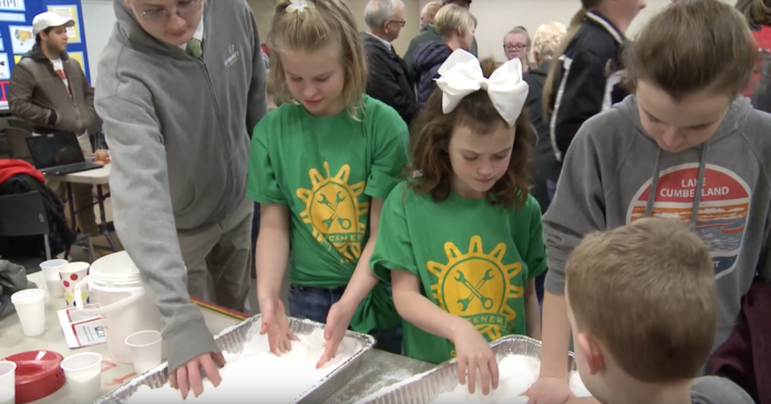 Screen Shot 2019-03-11 at 11.08.45 AM Young, future scientists play with a snow-like substance called sodium polyacrylate.