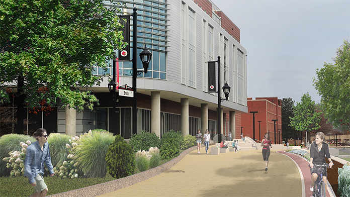 A rendering from March 2019 of the Belknap Academic Building Pedestrian Plaza, located on the southwest side of campus.