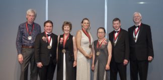 Winners of the 2019 Grawemeyer Awards were honored at April 11 gala event. L-R: Joel Bons, Robert P. Jones, Susan Randolph, Terra Lawson-Remer, Sakiko Fukuda-Parr , Kent Berridge and Terry Robinson.