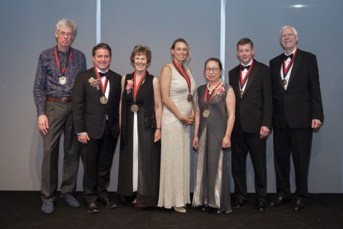 Winners of the 2019 Grawemeyer Awards were honored at April 11 gala event. L-R: Joel Bons, Robert P. Jones, Susan Randolph, Terra Lawson-Remer, Sakiko Fukuda-Parr , Kent Berridge and Terry Robinson.