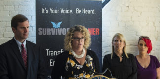 Kent School of Social Work associate professor Jennifer Middleton speaks at a human trafficking awareness announcement with Kentucky Attorney General Andy Beshear, Free2Hope founder Amy Leenerts and Women of the Well founder Summer Dickerson.