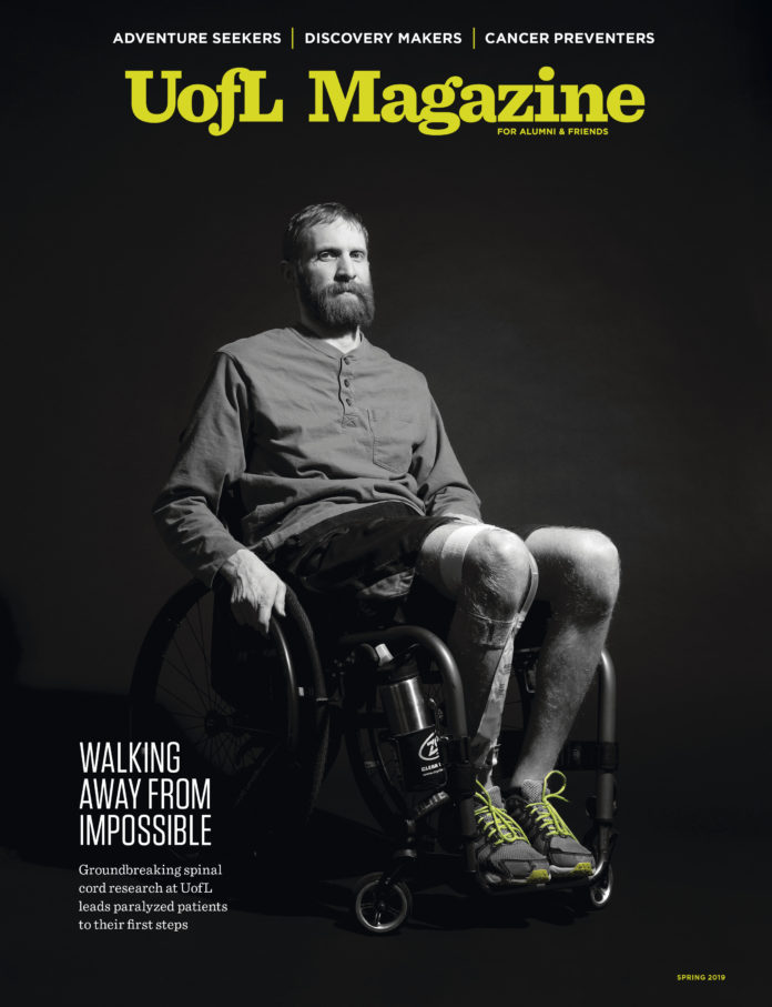 cover of the spring 2019 issue of UofL Magazine featuring patient Jeff Marquis in a wheelchair