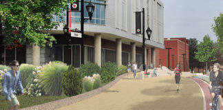 A rendering from March 2019 of the Belknap Academic Building Pedestrian Plaza, located on the southwest side of campus.