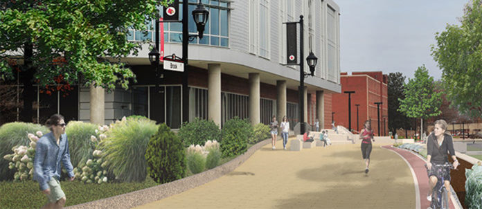 A rendering from March 2019 of the Belknap Academic Building Pedestrian Plaza, located on the southwest side of campus.