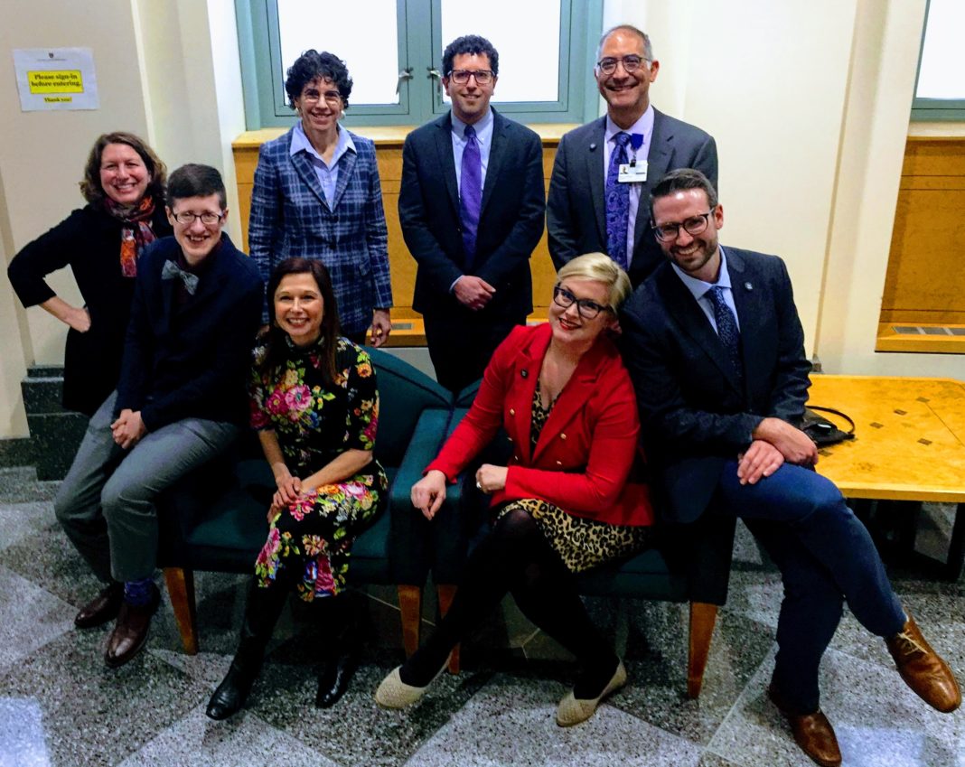 At Harvard Medical School, front row, left to right: UofL eQuality presenters Rhiannon Ledgerwood, M.D., Susan Sawning, M.S.S.W., Amy Holthouser, M.D., and Adam Neff, M.D. Back Row: Harvard Medical School’s Jessica Halem, M.B.A., Jenny Potter, M.D., Alex S. Keuroghlian, M.D., M.P.H., and John L. Dalrymple, M.D.