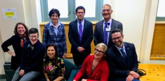 At Harvard Medical School, front row, left to right: UofL eQuality presenters Rhiannon Ledgerwood, M.D., Susan Sawning, M.S.S.W., Amy Holthouser, M.D., and Adam Neff, M.D. Back Row: Harvard Medical School’s Jessica Halem, M.B.A., Jenny Potter, M.D., Alex S. Keuroghlian, M.D., M.P.H., and John L. Dalrymple, M.D.