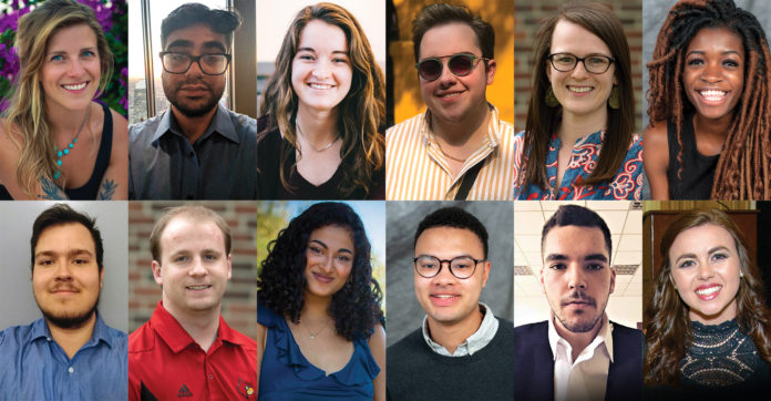 The 2019 student Fulbright awardees are (top row): Chelsea Flint, Alexander Kaliannan, Elizabeth Schaaf, Seth Drake, Miranda Hale, Noela Botaka. Second row: Samir Kusmic, Eric Hahnert, Natasha Mundkur, Ben Anderson, Ethan Libby Pelletier, Macey Mayes.