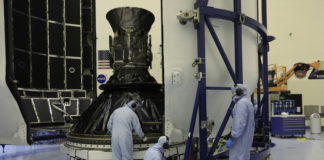 Technicians prepare NASA's Transiting Exoplanet Survey Satellite (TESS) for encapsulation in the SpaceX payload fairing inside the Payload Hazardous Servicing Facility at the agency's Kennedy Space Center in Florida.