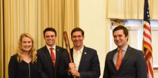 U.S. Secretary of Defense Mark Esper (with the Louisville Slugger bat) spoke to McConnell Scholars on campus last week.