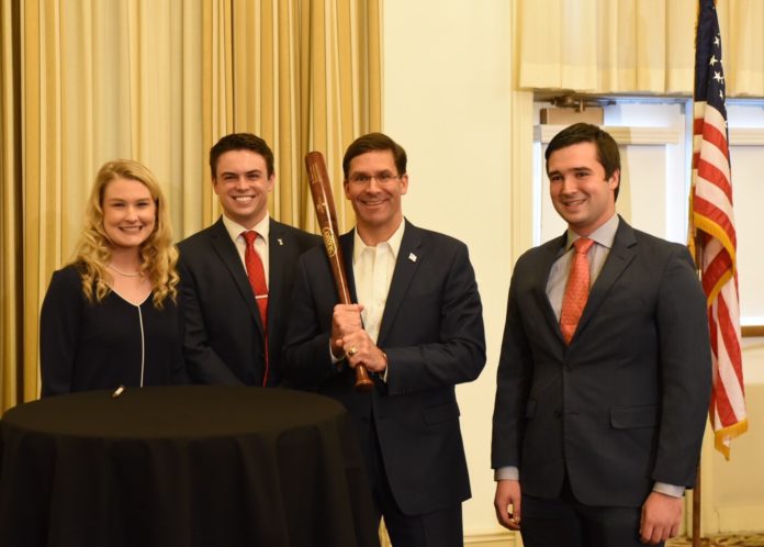 U.S. Secretary of Defense Mark Esper (with the Louisville Slugger bat) spoke to McConnell Scholars on campus last week.