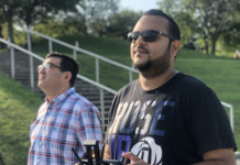 Professor Ayman El-Baz, left, and researcher Ahmed Shalaby tested drones over the Ohio River.
