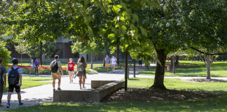 Students walking around campus during the fall.