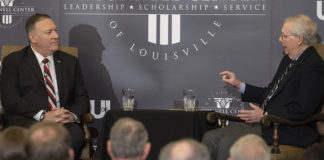 Secretary of State Mike Pompeo (left) joins Senate Majority Leader Mitch McConnell on campus Dec. 2 for a discussion on foreign policy.