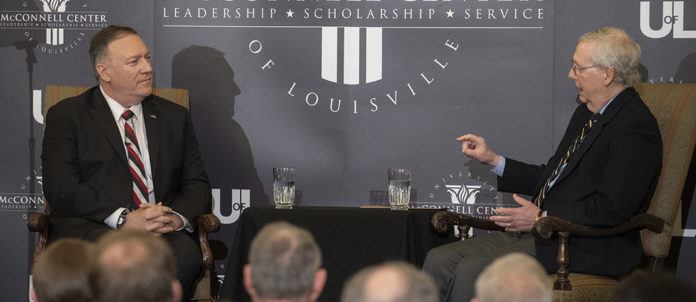 Secretary of State Mike Pompeo (left) joins Senate Majority Leader Mitch McConnell on campus Dec. 2 for a discussion on foreign policy.