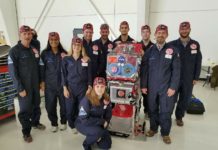 Research crew preparing to board ZERO-G aircraft with the glovebox. Left to right: George Pantalos, Ph.D., Riya Patel, Brooke Barrow, John Moore, Connor Centner, Charles Elder, David Grimm, Michael Menze, Ph.D., Brett Janis and Sienna Shacklette (kneeling).