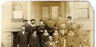 Charles Parrish with Simmons students. In 1951, when the university’s racially separate arm, Louisville Municipal College, was closed, Dr. Parrish was the only faculty member invited to teach at the newly integrated Belknap Campus.