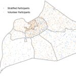 Map 1:  Residential location of individuals tested for SAR-CoV-2 infection. Blue dots are participants who responded to mailed invitations (stratified), orange dots are individuals who self-volunteered for testing.