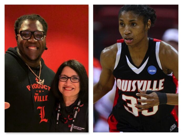 Jamon Brown, left with President Neeli Bendapudi, and Angel McCoughtry.