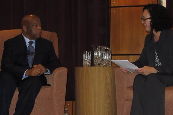 The late Rep. John Lewis is interviewed by UofL Law professor Enid Trucios-Haynes in 2000, when he was awarded the Brandeis Medal.