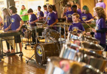 Elementary students play percussion instruments