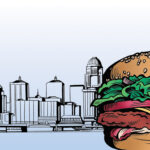 image of a hamburger in front of the Louisville skyline