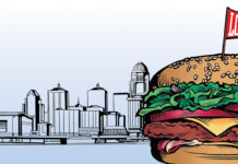 image of a hamburger in front of the Louisville skyline