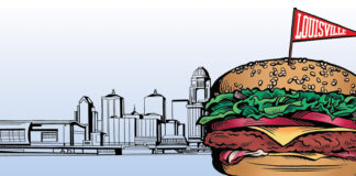 image of a hamburger in front of the Louisville skyline