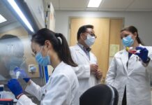 Jun Yan, center, leads research to better understand immune dysregulation leading to acute respiratory distress in COVID-19 and other conditions. Yan and colleagues, including Anne Geller, right, discovered a specific type of immune cell associated with immune system overreaction in 2020 while treating COVID-19 patients. The work recently was funded by $5.8 in NIH grants.