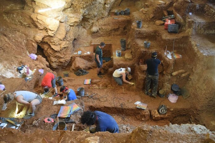 View of the excavation of the early modern human (foreground) and Neanderthal layers (background) in Lapa do Picareiro. Photo by Jonathan Haws.