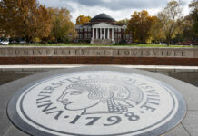 The oval entrance and Grawemeyer Hall at UofL.