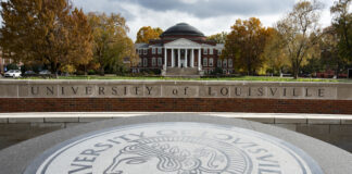 The oval entrance and Grawemeyer Hall at UofL.