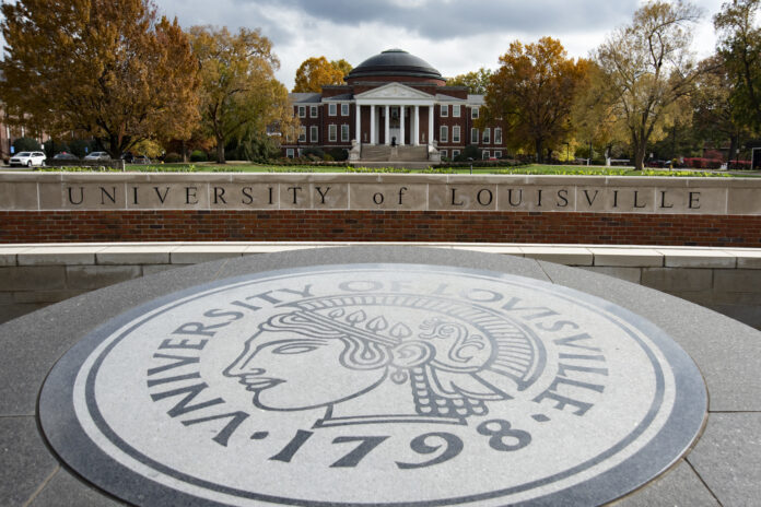 The Minerva in front of the oval where Grawemeyer Hall sits The oval entrance and Grawemeyer Hall at UofL.
