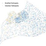 MAP 1: Residential locations of individuals tested for coronavirus infection during the second round of Co-Immunity Project Phase II. Blue dots are participants who responded to mailed invitation and yellow dots are individuals who self-volunteered for testing.