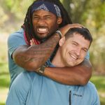 Gary Barnidge ’07 with his former Carolina Panthers teammate and former NFL division rival DeAngelo Williams.